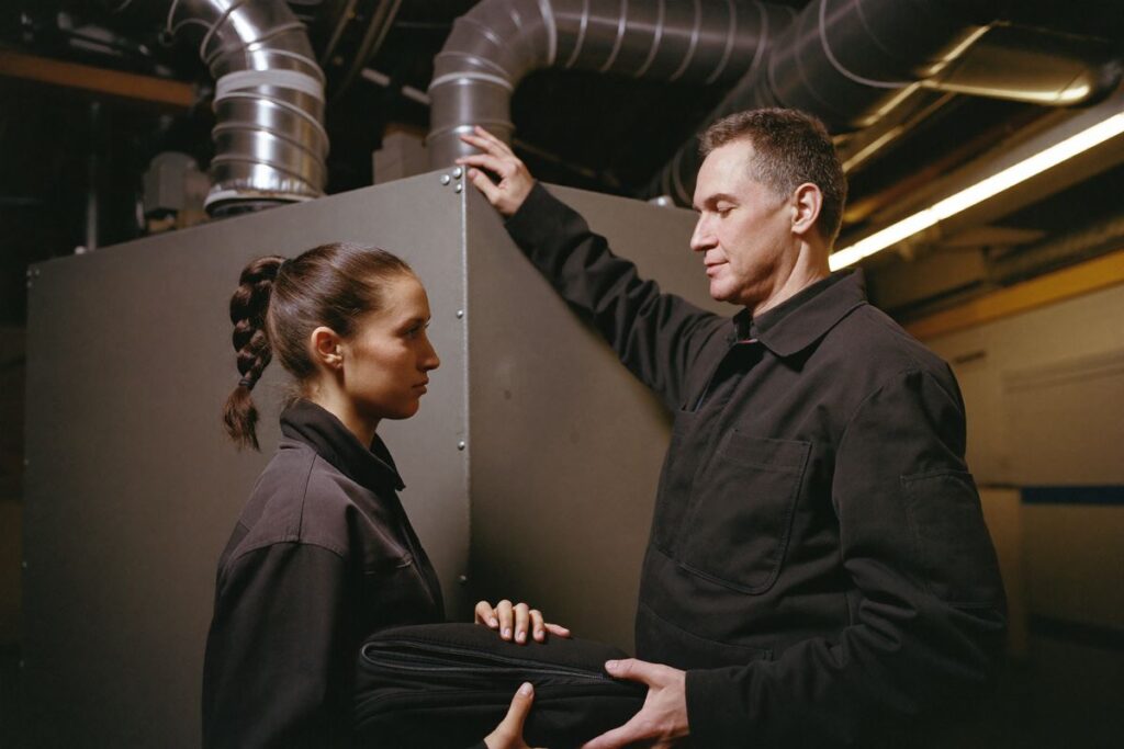 An experienced technician explains an industrial air handling unit to an apprentice in a plant room