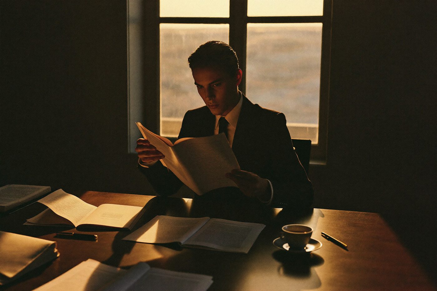A business owner reads through a document at a desk by a window at golden hour, papers and a coffee cup beside him