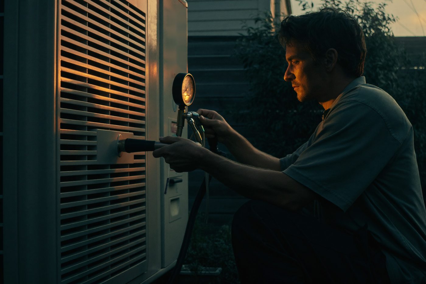 An HVAC technician reads the pressure gauges on a home air conditioning unit in a backyard at dusk