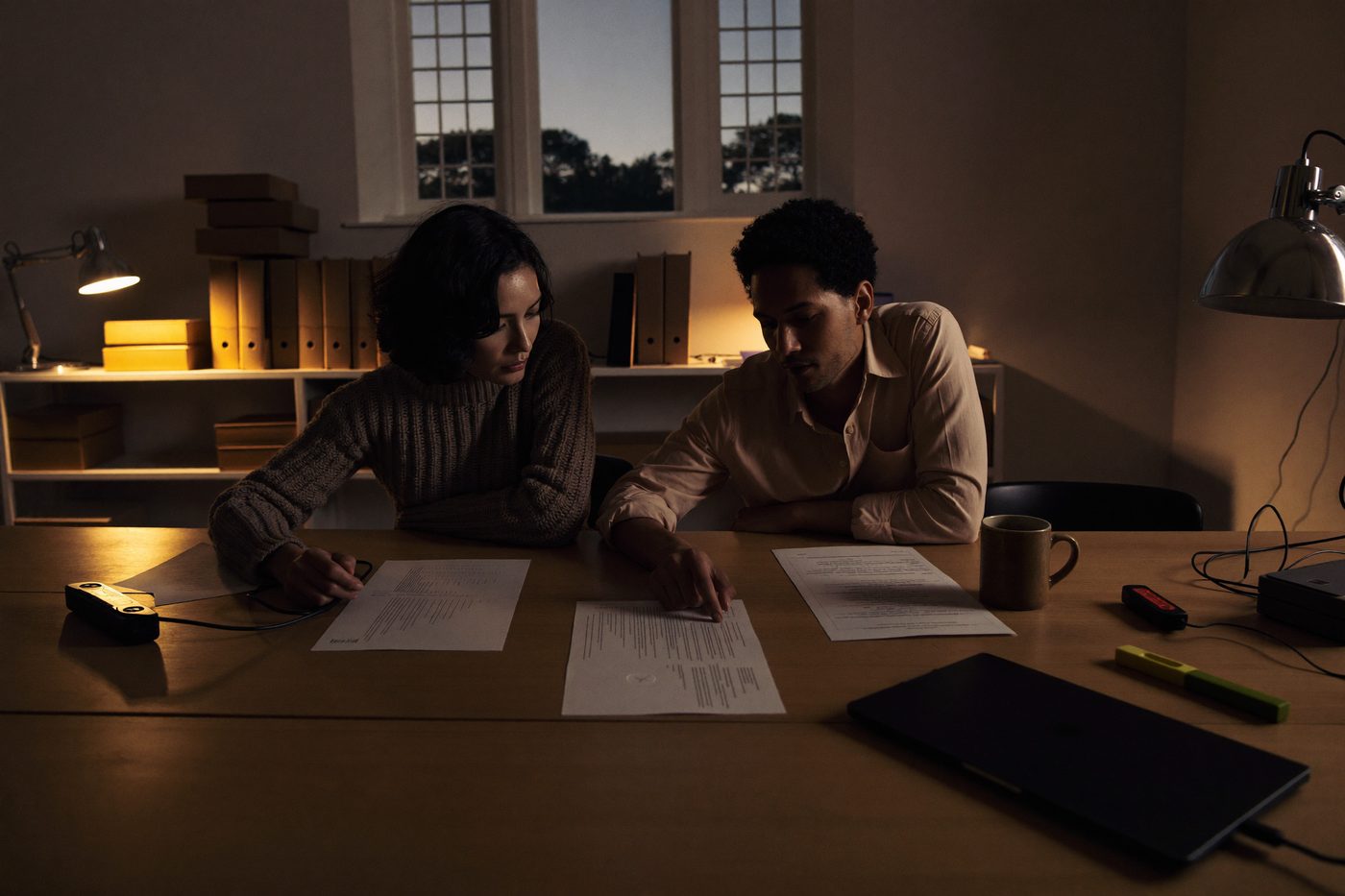 Two staff members of a community organization review a budget together at a long table in the evening